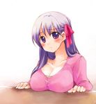  breast_rest breasts cleavage fate/stay_night fate_(series) large_breasts long_hair matou_sakura misaki_kozue purple_eyes purple_hair solo 