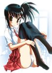  amazuyu_tatsuki black_hair brown_eyes mahora_academy_middle_school_uniform mahou_sensei_negima! necktie panties pantyhose pantyhose_pull plaid plaid_skirt ponytail raidon sakurazaki_setsuna school_uniform side_ponytail sitting skirt solo underwear white_panties 