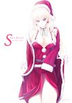  belt blonde_hair breasts choker christmas cleavage dress dress_lift earrings elysion eri_(artist) fur hat jewelry large_breasts naughty_face no_panties off_shoulder red_eyes santa_costume santa_hat skirt solo sound_horizon stella_(sound_horizon) 