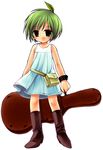  ahoge bag blush boots bracelet brown_eyes character_request copyright_request dress flat_chest green_hair guitar_case instrument_case jewelry miyasu_risa short_hair solo 