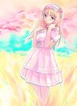  beret blonde_hair blue_eyes blush dress hat head_tilt long_hair looking_at_viewer original osamu outdoors pink_dress puffy_short_sleeves puffy_sleeves short_sleeves smile solo standing 