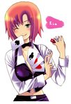  between_breasts blush breasts card card_between_breasts card_in_mouth croupier dice green_eyes midriff mouth_hold one_eye_closed red_hair rio_rollins short_hair solo super_blackjack yuutarou 