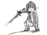  artist_request fighting_stance final_fantasy final_fantasy_xi full_body greyscale holding holding_sword holding_weapon loincloth looking_at_viewer monochrome shield simple_background solo standing sword tarutaru unsheathed weapon white_background 