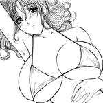  bikini bikini_top blush breasts copyright_request greyscale huge_breasts lineart magaki_ryouta monochrome solo swimsuit 
