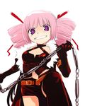  bangs belt black_gloves blunt_bangs buckle clenched_teeth cowboy_shot dark_hunter drill_hair elbow_gloves gloves looking_at_viewer nunchaku open_mouth pink_hair purple_eyes sekaiju_no_meikyuu short_hair simple_background solo standing teeth twin_drills weapon white_background yuu_(kfc) 