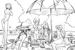  6+girls 95-tan 98-tan barefoot beach beach_umbrella blanket breasts casual_one-piece_swimsuit character_request cleavage food glasses greyscale hanging_breasts hat me-tan medium_breasts michael monochrome multiple_girls ocean one-piece_swimsuit os-tan sketch sun_hat swimsuit umbrella xp-tan 