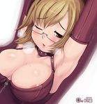  areola_slip areolae armpits arms_up breasts elbow_gloves glasses gloves huge_breasts kei_jiei one_eye_closed original solo sweat 