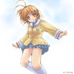  antenna_hair blazer blue_skirt brown_eyes brown_hair clannad emblem feet_out_of_frame furukawa_nagisa hikarizaka_private_high_school_uniform jacket kneehighs long_sleeves miniskirt outstretched_arms pleated_skirt satou_takeshi school_uniform short_hair simple_background skirt solo standing white_background white_legwear 