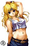  bare_shoulders belt blonde_hair blue_eyes breasts cleavage denim headband hisahiko jeans long_hair lune_zoldark medium_breasts midriff pants solo super_robot_wars super_robot_wars_the_lord_of_elemental tank_top wristband 