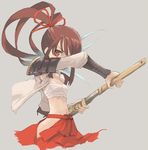  aqua_hair arm_guards armor armpit_cutout bangs breasts brown_hair crossed_legs gradient_hair grey_background groin hakama high_ponytail holding holding_sword holding_weapon japanese_armor japanese_clothes kote long_hair long_sleeves looking_at_viewer multicolored_hair navel one_eye_covered open_clothes original outstretched_arm pota_(nabrinko) red_eyes red_hakama sarashi sheath shoulder_armor sidelocks simple_background small_breasts sode solo sword two-tone_hair unsheathing weapon 