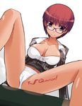  body_writing bra breasts cameltoe cleavage copyright_request directional_arrow glasses large_breasts lingerie oota_yuuichi open_clothes open_shirt panties purple_eyes red_hair shirt short_hair sitting smile solo spread_legs striped striped_shirt underwear white_bra white_panties 