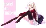  black_legwear dressing fate/zero fate_(series) irisviel_von_einzbern long_hair red_eyes sakura_nitouhei solo thighhighs white_hair 