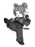  artist_request final_fantasy final_fantasy_xi full_body gloves greyscale kicking leg_up monk_(final_fantasy) monochrome motion_lines pointy_ears simple_background solo standing standing_on_one_leg tarutaru twintails white_background 