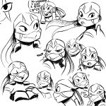  &lt;3 &lt;3_eyes 2019 anthro bandanna black_and_white clothed clothing dialogue english_text eyes_closed facial_markings fingerless_gloves gloves half-closed_eyes inkyfrog leonardo_(tmnt) male markings mask monochrome multiple_poses open_mouth open_smile pose reptile rise_of_the_teenage_mutant_ninja_turtles scalie shell simple_background sketch_page smile solo speech_bubble teenage_mutant_ninja_turtles text tongue tongue_out turtle white_background 