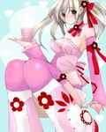  blonde_hair blush breasts brown_eyes bustier choker copyright_request cup detached_sleeves flower frilled_sleeves frills hair_ribbon lingerie long_hair long_sleeves looking_at_viewer medium_breasts pink_legwear red_ribbon ribbon saibashi solo thighhighs twintails underwear 