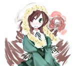  blush brown_hair dress drill_hair flat_chest frills green_dress green_eyes hat heterochromia lolita_fashion long_hair long_sleeves red_eyes rozen_maiden solo suiseiseki twin_drills twintails ushiki_yoshitaka 