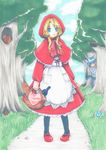  big_bad_wolf_(grimm) blonde_hair blue_eyes bread dress food grass grimm's_fairy_tales hood little_red_riding_hood little_red_riding_hood_(grimm) mary_janes mushroom original shoes solo squirrel tree usashiro_mani 