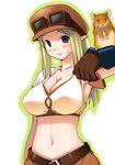  animal belt blonde_hair blue_eyes blush breasts character_request cleavage crop_top gloves goggles hamster hat ikujitto large_breasts long_hair looking_at_viewer mabinogi midriff navel pointy_ears smile solo 