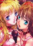  breast_press breasts copyright_request lowres medium_breasts microphone multiple_girls sonobe_kazuaki symmetrical_docking 