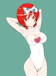  breasts cleavage doteraman ghost-q hair_ribbon horns large_breasts one-piece_swimsuit red_eyes red_hair ribbon solo suzuki_manami swimsuit 