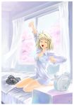  alarm_clock arcueid_brunestud bed bedroom blonde_hair breasts cleavage clock dress_shirt medium_breasts shirotsumekusa shirt solo stretch tsukihime yawning 