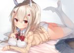  1girl ass ayanami_(azur_lane) azur_lane bangs bed_sheet between_breasts black_skirt box breasts brown_cardigan cardigan cleavage collared_shirt commentary_request dress_shirt eyebrows_visible_through_hair fingernails fujieda_uzuki gift gift_box hair_between_eyes hair_ornament hairclip headgear high_ponytail legs_up light_brown_hair long_hair long_sleeves lying no_shoes on_stomach panties pleated_skirt ponytail red_eyes shirt sidelocks skirt skirt_removed sleeves_past_wrists soles solo thighhighs underwear very_long_hair white_legwear white_panties white_shirt 