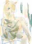  animal_ears blonde_hair blue_eyes cat_ears chair copyright_request open_clothes open_shirt shirt solo tail yudesoba 