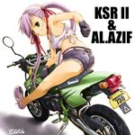  al_azif demonbane denim denim_shorts green_eyes ground_vehicle kawasaki motor_vehicle motorcycle purple_hair shorts solo suzuki_kyoutarou twintails 