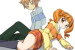  1girl bangs black_legwear blunt_bangs blush brown_eyes brown_hair ixy kneehighs kogure_kakeru long_sleeves looking_at_viewer lying miniskirt on_side onegai_my_melody orange_hair orange_skirt pants plaid plaid_skirt sitting skirt sweater twintails yumeno_uta 