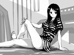  barefoot bottomless copyright_request feet greyscale long_hair michael monochrome sitting smile solo striped 