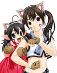  animal_ears bangs black_eyes black_hair brown_eyes brown_hair cat_ears copyright_request crop_top dress earrings facial_mark fang fingerless_gloves gloves hairband jewelry locked_arms looking_at_viewer map_(blue_catty) midriff multiple_girls navel paw_gloves paws pointy_ears red_dress sailor_collar simple_background sleeveless twintails white_background 