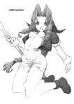  aerith_gainsborough anklet bangs blush braid breasts drill final_fantasy final_fantasy_vii full_body greyscale hermmy holding jewelry kneeling long_hair looking_at_viewer medium_breasts midriff monochrome navel parted_bangs simple_background single_braid solo stomach very_long_hair white_background 