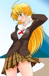  ahoge blazer blonde_hair blush green_eyes hoshii_miki idolmaster idolmaster_(classic) idolmaster_1 jacket long_hair plaid plaid_skirt rikumoto_yoshiyuki school_uniform school_wear_(idolmaster) skirt solo 