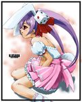  animal_ears back black_border blush border bunny_ears bunny_tail character_name choker copyright_name di_gi_charat dice dice_hair_ornament dress frills from_side hair_ornament hair_ribbon leaning_forward long_hair off_shoulder open_mouth purple_hair red_eyes ribbon socks solo squatting suzuki_kyoutarou sweat tail twintails usada_hikaru 