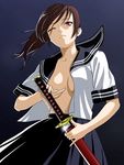  brown_hair from_below ichikawa_masahiro no_bra one_eye_closed open_clothes open_shirt original purple_eyes scar scar_across_eye school_uniform shirt solo sword weapon wind 