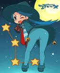  bell blue_eyes blue_hair copyright_request gloves hat long_hair moon mota necktie pantyhose solo star witch_hat 