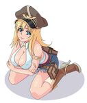  amami_amayu blonde_hair blue_eyes breasts crossed_arms emblem full_body hat kneeling large_breasts looking_at_viewer peaked_cap pocket ragnarok_online short_shorts shorts simple_background smile solo thigh_strap white_background whitesmith 