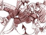  ass bardiche chikuwa_(tikuwa) fate_testarossa fingerless_gloves gloves legs_up long_hair looking_at_viewer lyrical_nanoha mahou_shoujo_lyrical_nanoha monochrome outstretched_arm panties pink simple_background solo spread_wings thighhighs twintails underwear white_background 