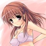  black_eyes blush bra breasts brown_hair copyright_request covered_nipples lingerie long_hair lowres medium_breasts solo underwear uni8 