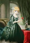 baroque blonde_hair blue_eyes chronicle_2nd column curtains dress eri_(artist) flower green_dress hair_flower hair_ornament hair_ribbon indoors lace lace-trimmed_dress looking_at_viewer pillar red_flower red_rose ribbon rose signature smile solo sound_horizon table vase 