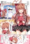  &gt;_&lt; 1boy 1girl admiral_(kantai_collection) ahoge bangs black_dress blush brown_eyes brown_hair closed_mouth comic commentary_request dress epaulettes eyebrows_visible_through_hair eyes_closed fang gift hat highres holding huge_ahoge jacket kantai_collection kuma_(kantai_collection) long_hair looking_at_viewer masayo_(gin_no_ame) military military_hat military_uniform monochrome musical_note naval_uniform open_mouth peaked_cap polka_dot polka_dot_dress smile speech_bubble standing stuffed_animal stuffed_toy teddy_bear translation_request uniform valentine 