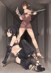  ankle_lace-up ass ayame_(tenchu) bare_shoulders breasts cross-laced_footwear hallway hip_vent knife large_breasts legs looking_back mask midriff mizuryuu_kei multiple_girls navel ninja reverse_grip rin_(tenchu) sandals sleeveless tenchuu underboob 