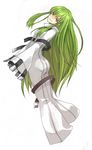  ass blush bodysuit c.c. code_geass from_behind full_body green_hair head_tilt long_hair looking_at_viewer looking_back lowe_(slow) robe sidelocks simple_background solo standing very_long_hair white_background white_bodysuit yellow_eyes 