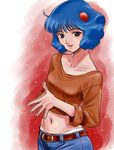  :d ahoge bangs belt blue_eyes blue_hair blush crop_top curly_hair denim densetsu_kyojin_ideon flat_chest hair_ornament hands_together haruyama_kazunori jeans kitty_kitten looking_at_viewer looking_back midriff navel open_mouth own_hands_together panties pants profile shirt short_hair sky sleeves_rolled_up smile solo space standing star_(sky) starry_sky underwear upper_body white_panties 