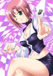  breasts card cleavage crossed_legs croupier green_eyes holding holding_card itsuki_sayaka large_breasts miniskirt one_eye_closed pencil_skirt pink_hair rio_rollins short_hair sitting skirt solo super_blackjack 