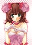  amami_haruka bare_shoulders breast_squeeze breasts brown_hair choker cleavage cute_&amp;_girly_(idolmaster) finger_to_mouth gloves green_eyes hands idolmaster idolmaster_(classic) idolmaster_1 looking_at_viewer medium_breasts ribbon ribbon_choker solo upper_body yukiwo 