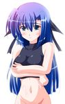  black_bow blue_eyes blue_hair blush bottomless bow collarbone crossed_arms frown ginga_nakajima hair_bow impossible_clothes looking_at_viewer lyrical_nanoha mahou_shoujo_lyrical_nanoha_strikers out-of-frame_censoring simple_background skin_tight solo utanone_shion white_background 