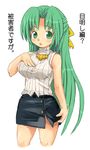  breasts cropped_legs green_eyes green_hair half_updo hand_on_own_chest higurashi_no_naku_koro_ni large_breasts long_hair miniskirt pencil_skirt ribbed_sweater ribbon sasago_kaze skirt solo sonozaki_shion spoilers sweater sweater_vest translated turtleneck 