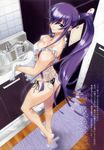  apron ass black_panties blue_eyes bow breasts busujima_saeko cleavage flat_ass frills hair_over_one_eye highres highschool_of_the_dead jpeg_artifacts kitchen legs long_hair medium_breasts nearly_naked_apron panties ponytail purple_hair satou_shouji side-tie_panties slippers smile solo thong translated underwear very_long_hair 