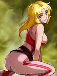  80s akuu_daisakusen_srungle ass blonde_hair blue_eyes bodysuit breasts haruyama_kazunori holster impossible_clothes kneeling large_breasts long_hair looking_back mission_outer_space_srungle oldschool pink_bodysuit sexy_(srungle) smile solo 